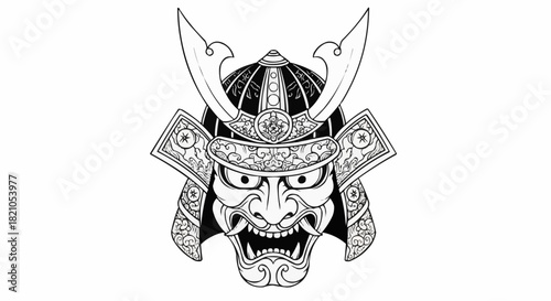 Detailed illustration of a traditional Japanese samurai helmet with intricate design.