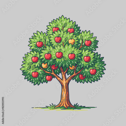 Cartoon apple tree vector.Fruiting garden tree icon.Hand drawn red apple illustration.Organic farm produce mascot.Summer harvest doodle graphic