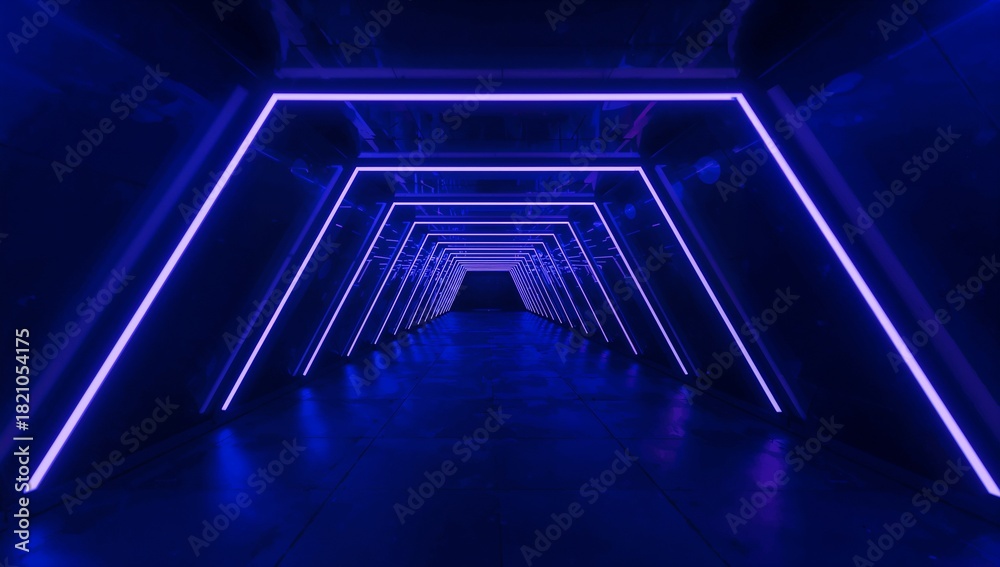Fototapeta premium Glowing geometric tunnel stretching down corridor, with LED frames, metal floor, exposed pipes
