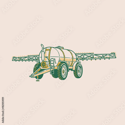 Farm Sprayer Trailer Icon.Vintage Agriculture Equipment.Chemical Tanker Vector Art.Boom Sprayer Illustration.Retro Farming Machinery