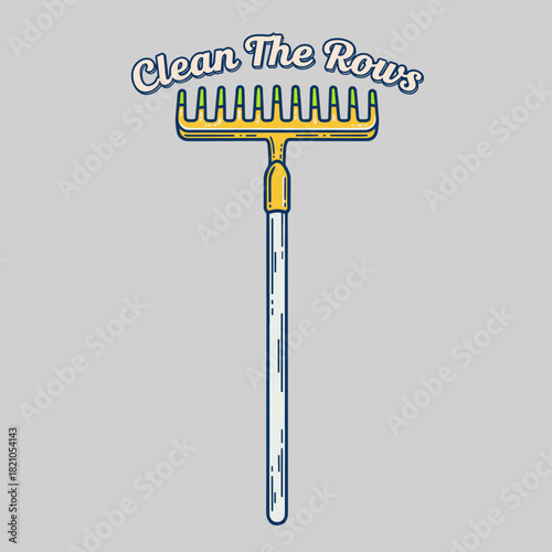 Garden Rake Vintage Badge.Retro Gardening Tool Illustration.Clean The Rows Rake Emblem.Yard Work Equipment Logo.Outline Style Farming Rake