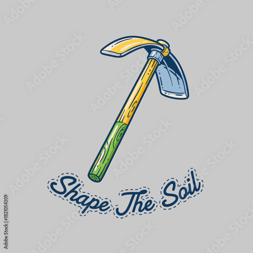 Vintage Garden Hoe Emblem.Shape The Soil Hand Tool.Retro Farming Equipment Logo.Cartoon Hoe Vector Design.Gardening Patch Illustration