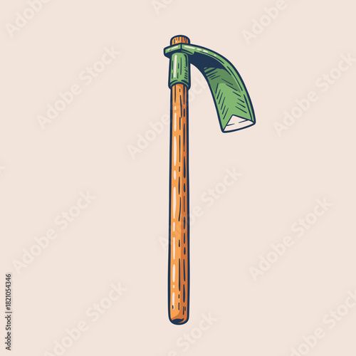 Vintage Garden Hoe Illustration.Retro Farming Hand Tool Vector.Rustic Agriculture Equipment Art.Classic Farm Work Mattock.Engraved Style Gardener Badg