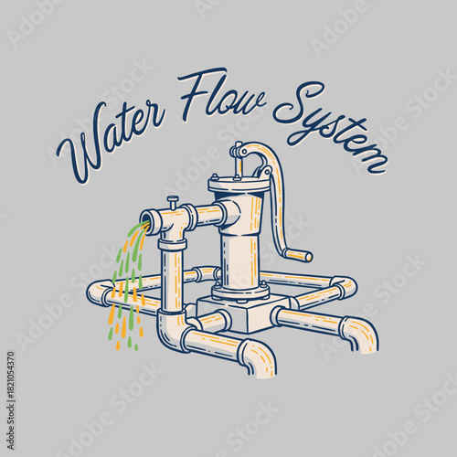 Vintage Water Flow System Badge.Retro Hand Pump Engraving.Water Utility Vector Logo.Old Plumbing System Artwork.Industrial Pumping Illustration