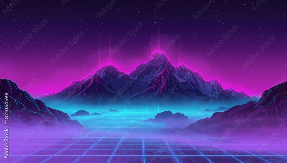 Naklejka premium Glowing neon-lit mountain range towering over cyan grid floor at night, with magenta beams and mist