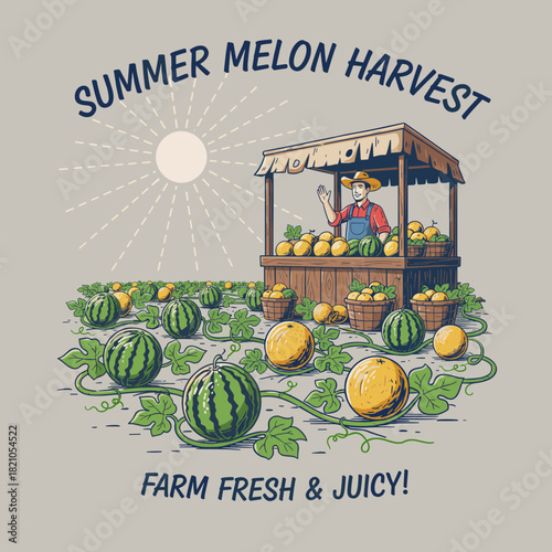Summer Melon Harvest Farm Fresh.Vintage Farmer Roadside Stand.Fresh Watermelon Retro Graphic.Fruit Market Illustration Badge.Farm Produce Vector Desig