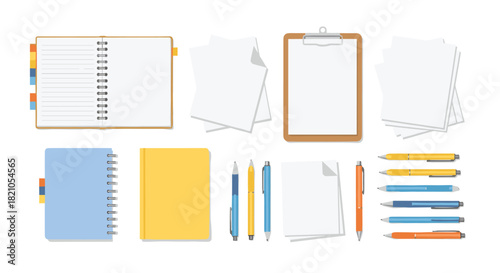 Organized workspace flatlay with notebooks, papers, and pens for creative planning and modern office productivity, business efficiency tools