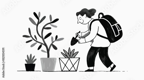 Whimsical urban gardener tending to plants in a modern city setting featuring vibrant colors and a playful illustration style perfect for creative projects