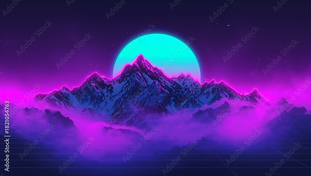 Fototapeta premium Glowing jagged mountain range showing neon magenta rim lighting in synthwave scene, with cyan moon