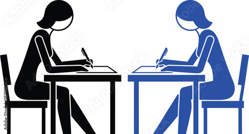 Two women sitting at desks writing in blue and black chair studying