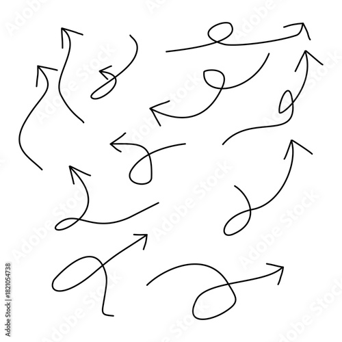 Hand-drawn black arrows with loops, twists, curves, spirals, and sharp turns pointing in varied directions for creative design and movement emphasis