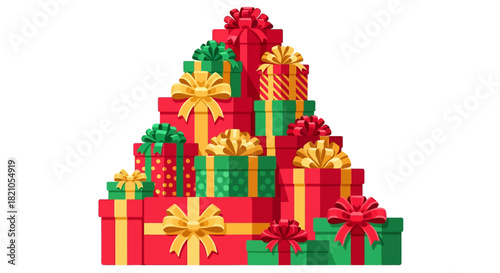 Festive christmas presents with colorful ribbons beautifully arranged in an attractive pyramid