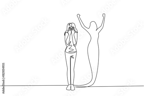 A woman standing covering her face with victorious shadow in single line draw. National Posttraumatic Growth Day theme with a health concept, show healing, resilience, confidence, courage, and renewal