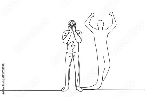Standing man with face in hands crying beside a flexing shadow in continuous line drawing, honoring National Posttraumatic Growth Day with a health concept, show recovery, courage, resilience, hope
