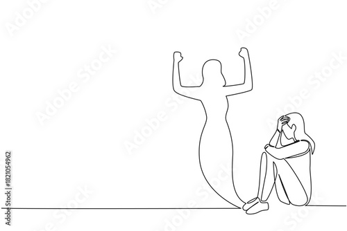 Continuous line drawing of woman sitting and covering face in distress, with shadow cast behind in triumphant pose, reflecting resilience, recovery, mental strength. National Posttraumatic Growth Day