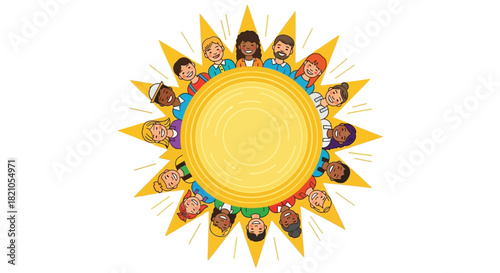 Diverse cartoon people form a sun shape, radiating warmth and togetherness with a bright circular