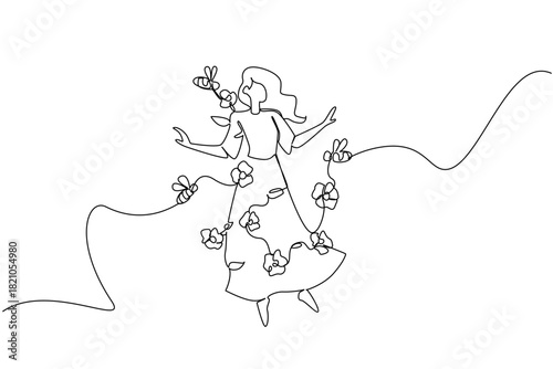 Woman dancing with bees and flower blossoms in single line draw, marking National Dance Movement Therapy Advocacy Day with a nature concept, symbolizing harmony, resilience, joy, and somatic healing