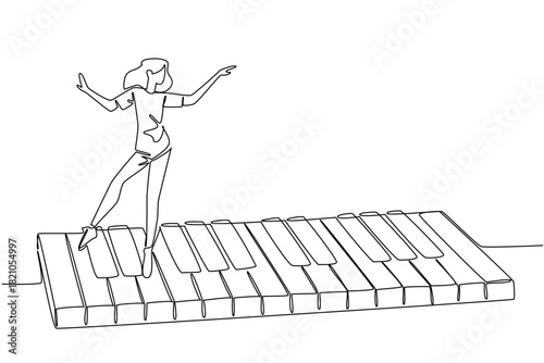 One line drawing of a woman dancing gracefully on large piano keys, symbolizing the connection between music, wellness, movement, and emotional expression. National Dance Movement Therapy Advocacy Day