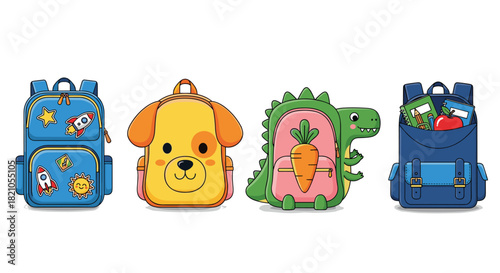 Charming colorful backpacks for kids, ready for school adventures with dog, dinosaur, and rocket designs, perfect for back-to-school promotions
