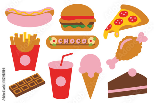 A collection of popular fast food items and sweet treats are depicted in a colorful, flat illustration style, including a hot dog, hamburger, pizza slice, french fries, chicken leg, chocolate bar,