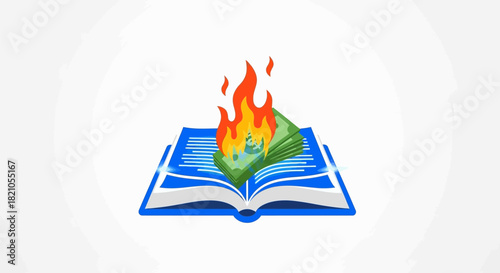 Burning currency atop a blue open book represents financial literacy investment loss