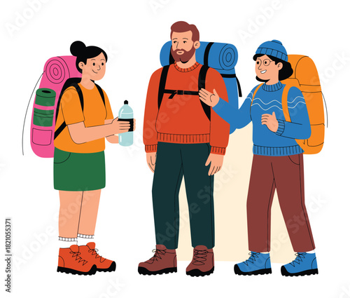A group of three hikers with backpacks, one of whom is offering a bottle of water to another, preparing for an outdoor adventure together.