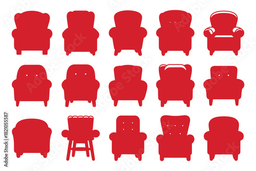 A collection of red armchair silhouettes arranged in a grid, showcasing various upholstery styles and designs for home furnishings.