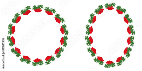 Set of vector red viburnum Empty Frame isolated white background. Perfect vector viburnum oval and circle Frame collection with copy space. Ideal botany folk social media Frame and photo decor. EPS 10