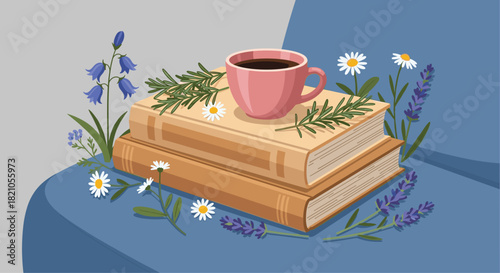 A calming moment with a cup of coffee and books, surrounded by fresh flowers and herbs in this cozy and inviting scene