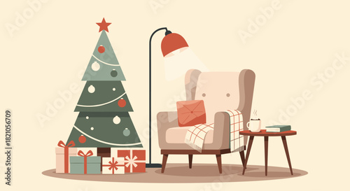 Cozy Christmas scene with tree, gifts and inviting armchair perfect for holiday promotions or seasonal greetings with festive cheer