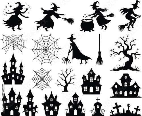 Halloween vector silhouette set: witch, house, web, tree, grave.