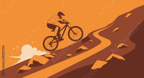 Stylized mountain biking adventure on a rocky terrain, showcasing adrenaline rush and challenging