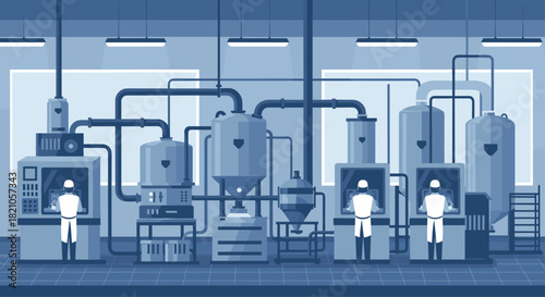 Modern factory workers monitoring automated systems for quality control, illustrating industrial processes in a clean, safe environment