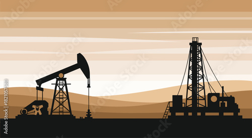 Oil rigs pumping crude in vast desert landscape under warm sunset sky, showcasing energy industry production and resource extraction for global market