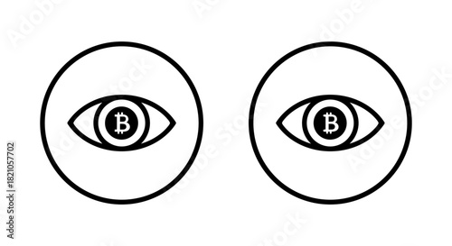 Bitcoin eye icon in circular outline. Cryptocurrency vision symbol. Digital currency insight sign
