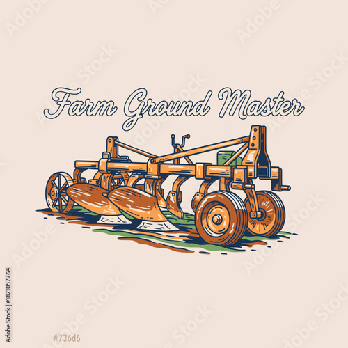 Vintage Farm Plow Vector.Retro Tillage Equipment Badge.Agricultural Machinery Emblem.Moldboard Plow Illustration.Classic Farming Tool Print