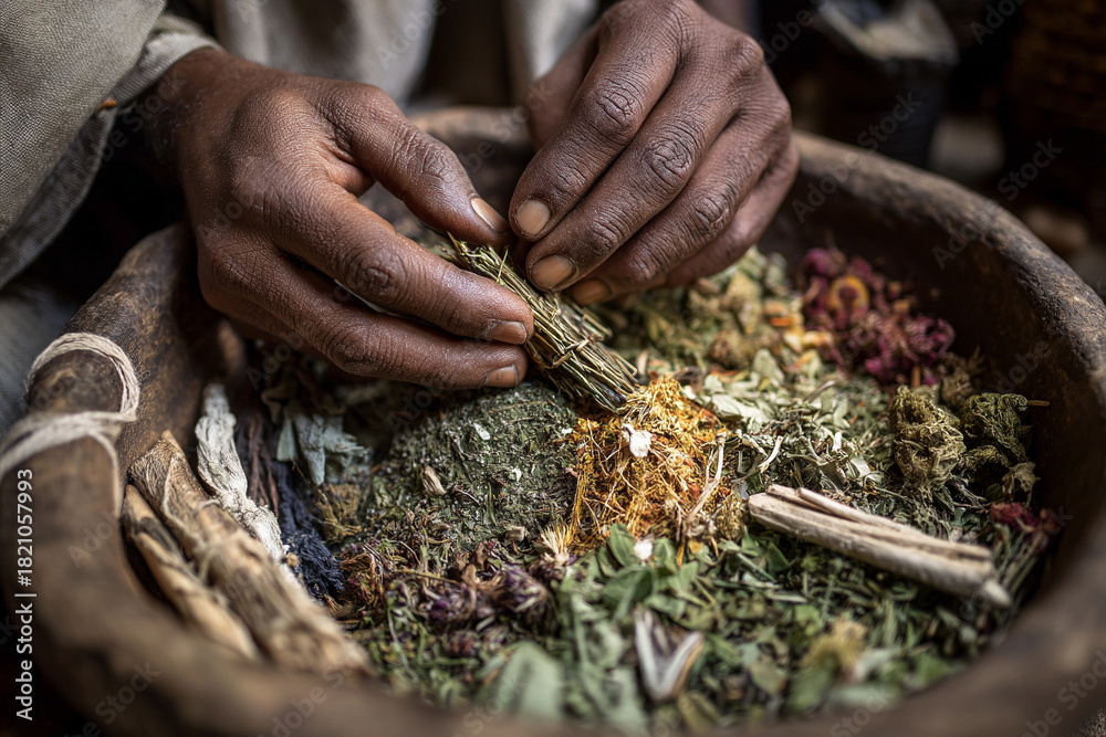 © Olga Biliak - A close-up of a traditional mountain healer's hands mixing natural herbs and plants, emphasizing indigenous medicinal practices and ancient knowledge.