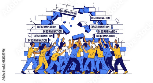 Empowered individuals demolishing walls of societal inequality and discriminatory structures with