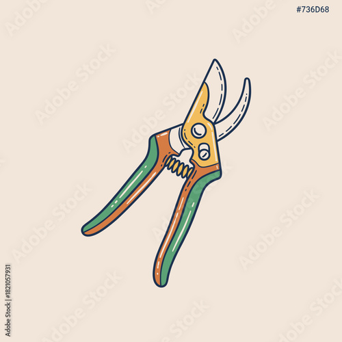Garden Pruning Shears Icon.Retro Secateurs Illustration.Vintage Gardening Tool Art.Hand Drawn Clipper Vector.Colorful Pruner Isolated