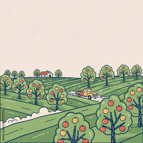 Orchard Farm Harvest Scene.Apple Trees and Pickup Truck.Rural Autumn Landscape.Vintage Farm Illustration.Rolling Hills Agriculture