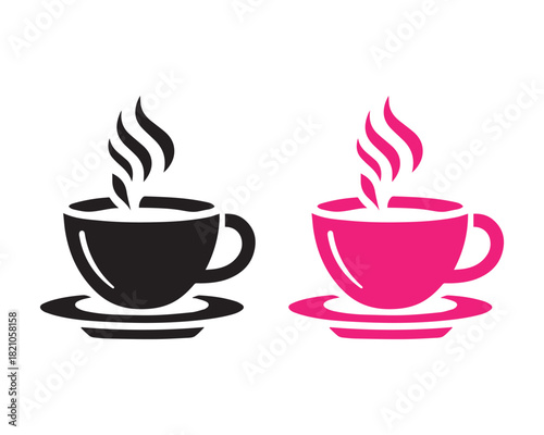 Set of hot steaming coffee cup and saucer vector icons in black and magenta silhouette. Simple graphic symbols for cafe, tea shop, beverage menu, breakfast, break time, or digital hot drink promotions