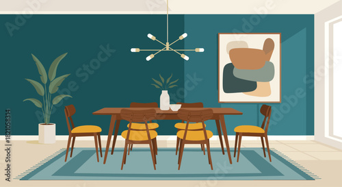 Stylish dining room with modern art and vibrant yellow chairs, perfect for showcasing contemporary interior design and comfortable living spaces