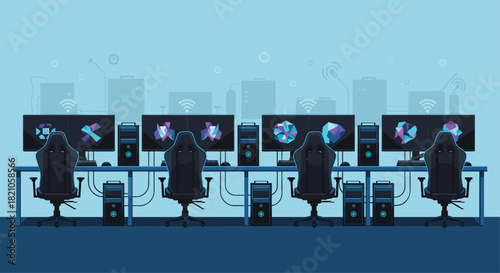 Modern gaming setup for esports teams in bright vibrant colors, professional gaming equipment ready for competition, perfect for online streaming