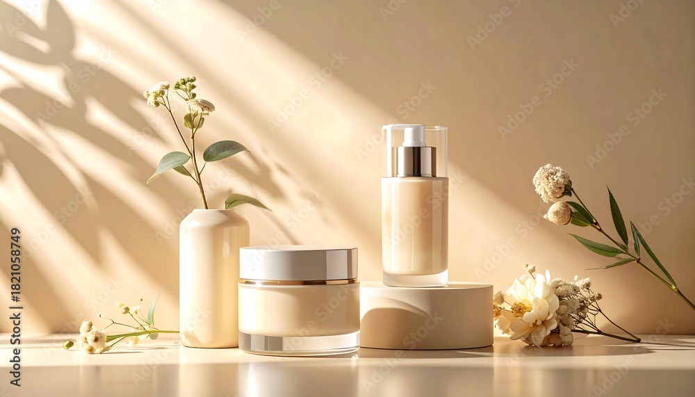 Luxury skincare product scene with glass bottles, soft shadows, creamy textured, beige background, premium beauty branding, hyper-realistic studio lighting.
