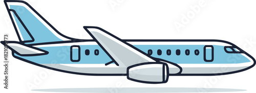 A light blue and white commercial passenger airplane flying, depicted in a clean vector illustration style.