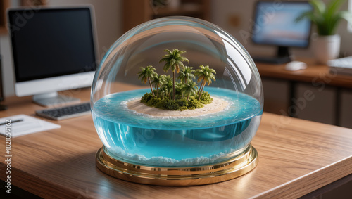 Miniature tropical island under a glass dome on an office desk, symbolizing travel dreams and vacation planning. Ideal visual metaphor for tourism and travel agency themes