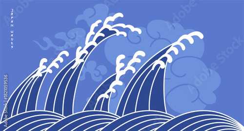 Traditional oriental river waves background. Chinese and Japanese wallpaper pattern design of sea wave, line art and clouds in sky. Flat vector illustration.