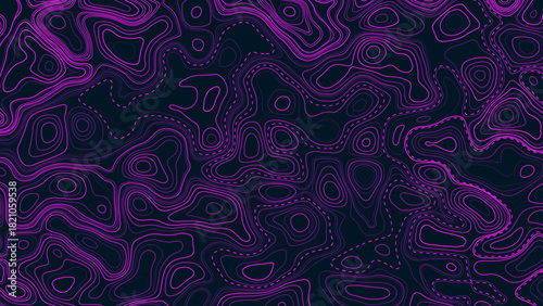 Geography landscape Topo contour map on black background, Topographic contour lines. Seamless pattern with lines Topographic map. Geographic mountain relief diagram line wave carve pattern. 