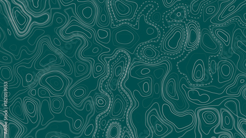Geography landscape Topo contour map on dark green background, Topographic contour lines. Seamless pattern with lines Topographic map. Geographic mountain relief diagram line wave carve pattern. 