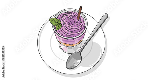 A delicious purple sweet treat with delicate mint sprig and cinnamon stick, perfect for food blogs, social media, and dessert menus